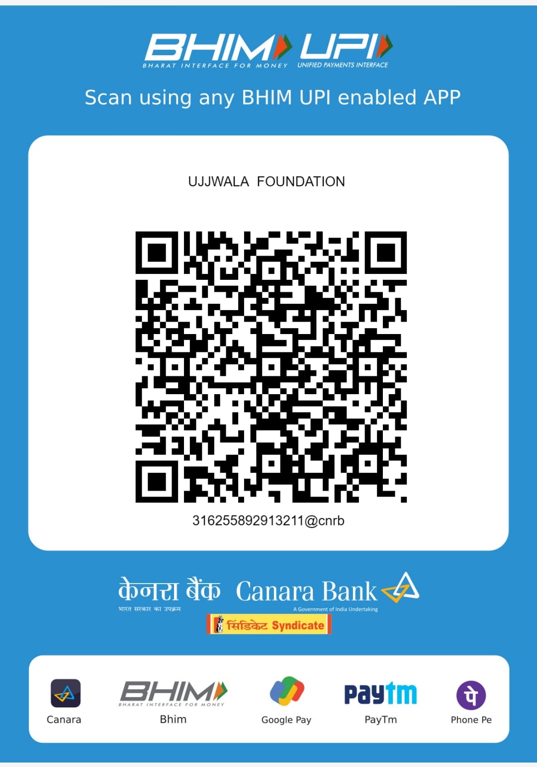 BHIM UPI QR code for Ujjwala Foundation, UPI ID 316255892913211@cnrb, Canara Bank