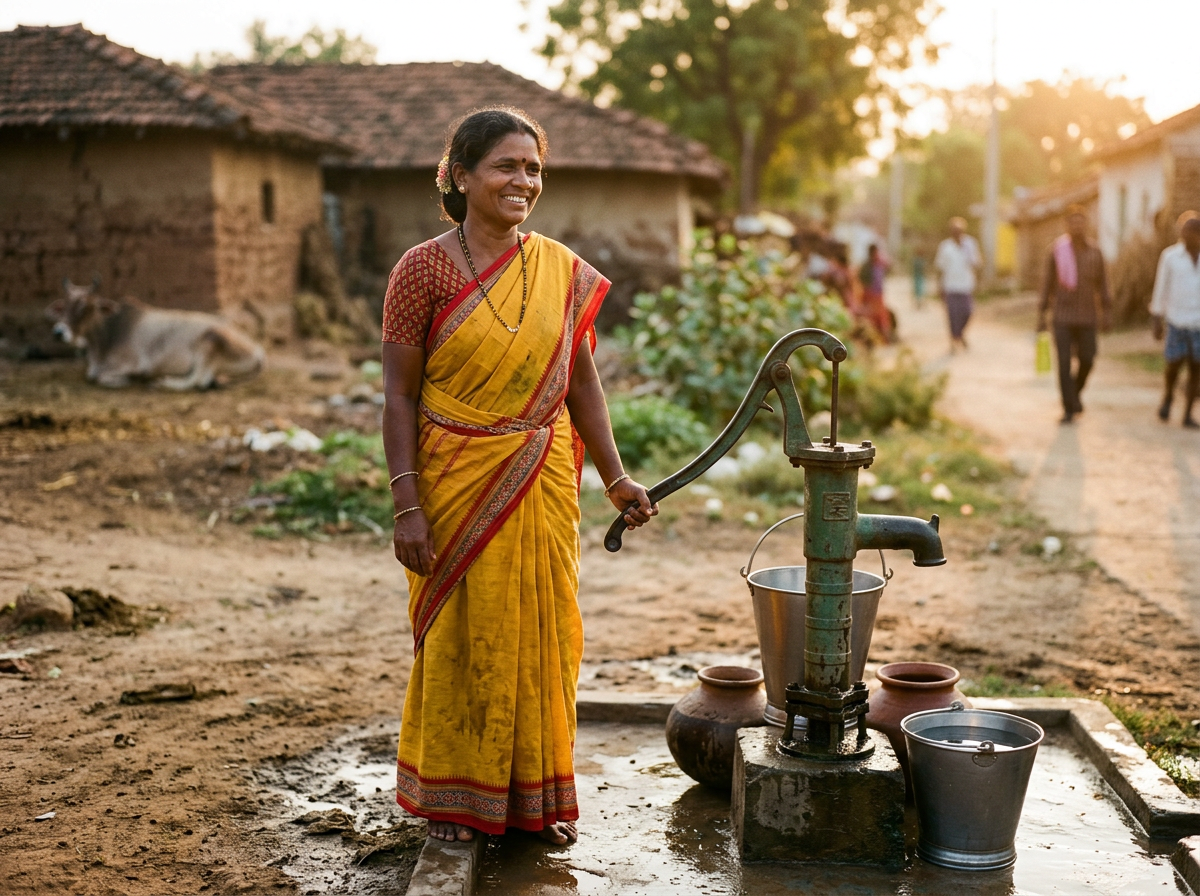 A woman in rural Telangana photographed in daylight at her doorway